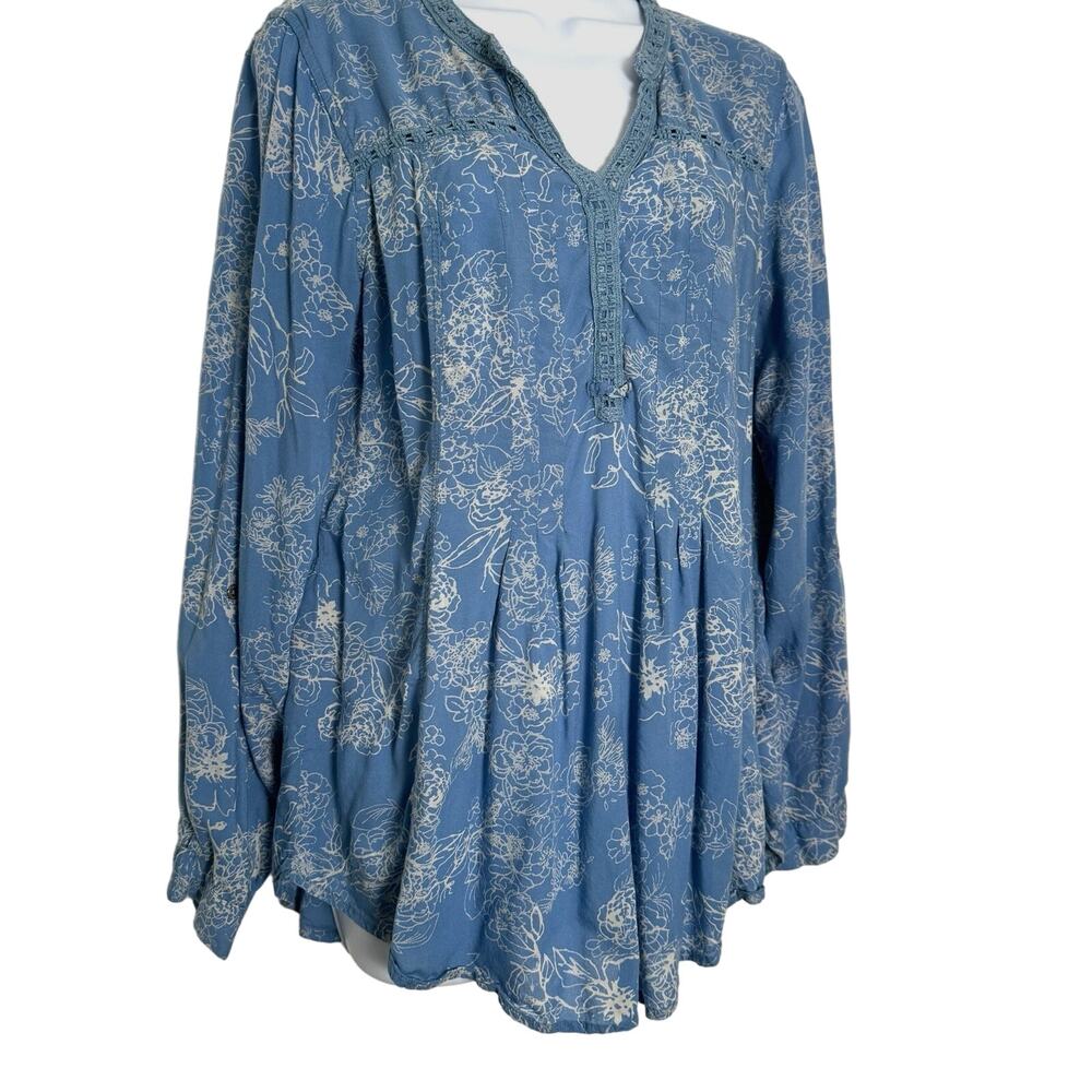 Vintage America Blues Women Missy Top L Blue Floral SOFT 100% Modal Boho Crochet - Picture 3 of 11